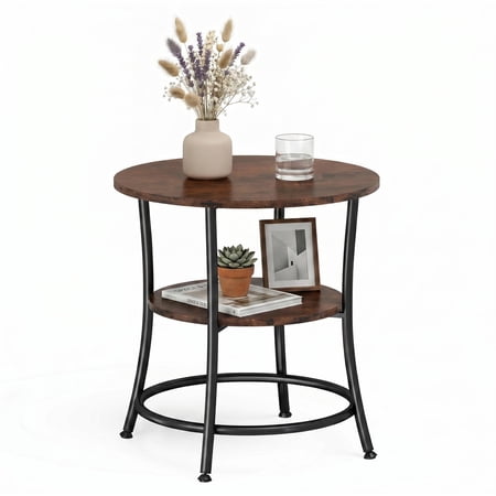 EDX 2-Tier Round Side Table Nightstand, 21.65" Diameter x 21.85" H, Steel Frame with Antiqued Wood Grain, for Small Living Room & Bedroom Spaces