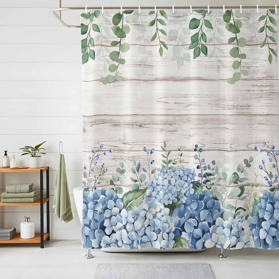 Shower Curtain Blue Hydrangea Shower Curtains for Bathroom Decor, Waterproof Polyester Shower Curtain Set with Hooks, Extra Long 72" x 96" Green Eucalyptus Leaves Wood
