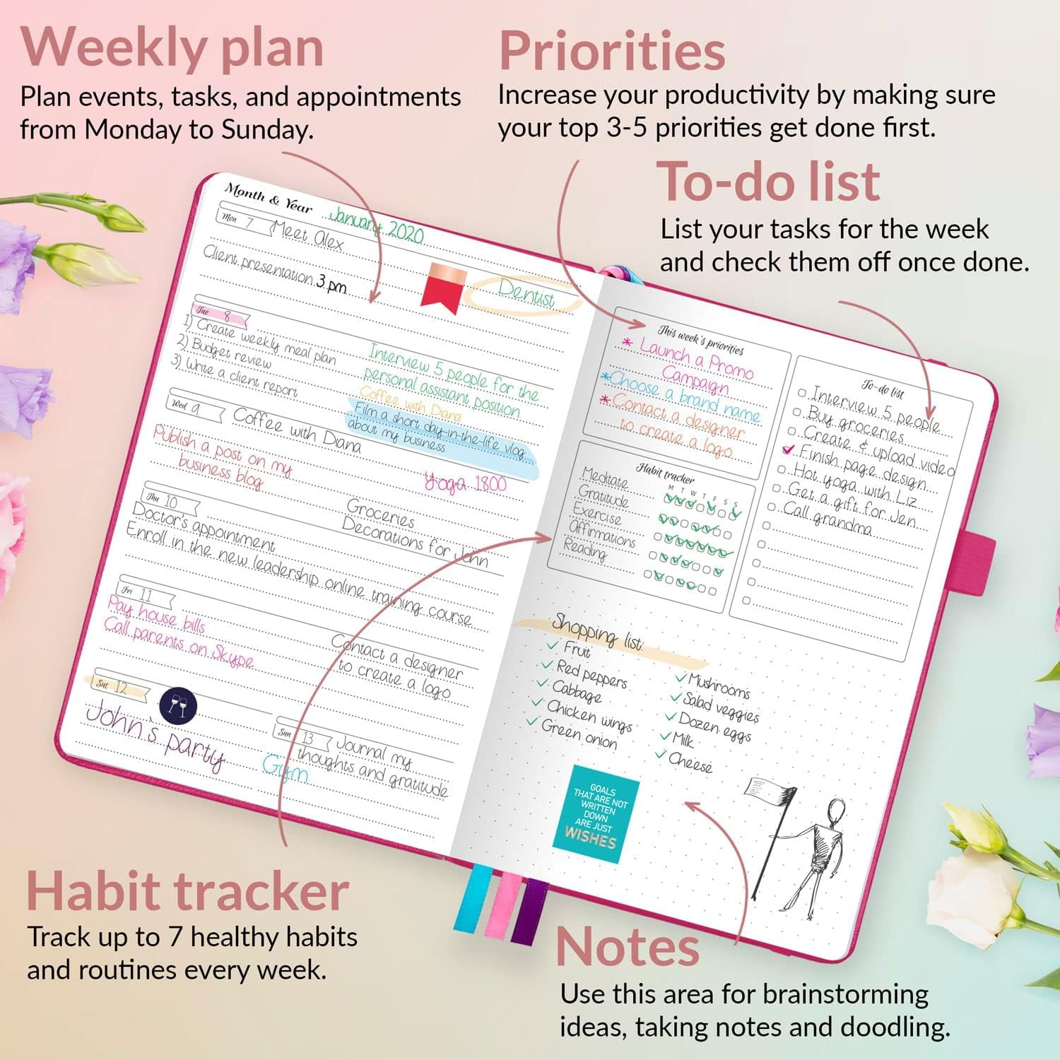 Planner and Organizer for Women – Compact Size Weekly Planner, Goals Journal & Agenda to Improve Time Management, Productivity Live Happier. Undated Start Anytime, Lasts 1 Year Hot Pink