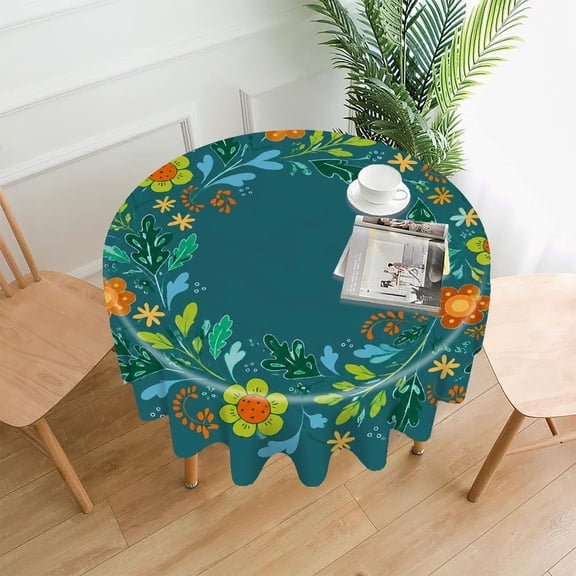 RKSupls 60 Inch Round Tablecloth, Floral Wreath Circle Premium Polyester Straight Edge Wrinkle Resistant Washable Table Cover for Party Home Dining Decor
