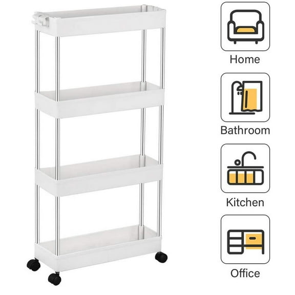 Rolling Storage Cart, 4 Tier Slim Mobile Shelving Unit for Storage,360° Rotating Wheel Lockable Utility Cart,Great for Office, Kitchen, Bathroom, Laundry or Narrow Spaces, White