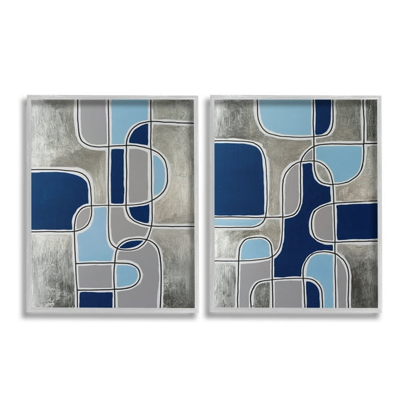 Stupell Industries Blue & Grey Geometrics Abstract Painting Gray Framed Art Print Wall Art, 24 x 30, Set of 2