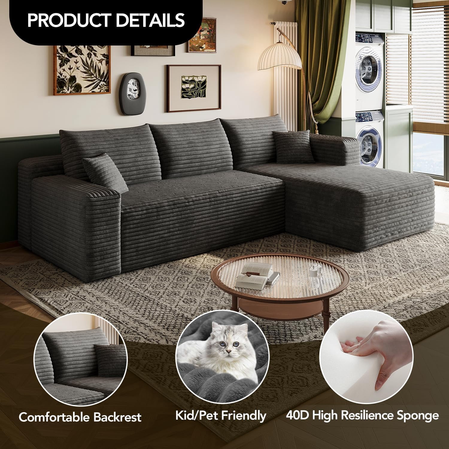 103" Cloud Sectional Sofa, Modern L Shaped Deep Seat Couch, Plush Corduroy Upholstered Sofa No Assembly, Living Room