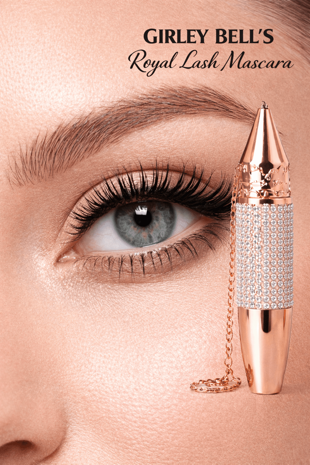 Girley Bell’s Volumizing Black Mascara, Long-Lasting Lash Defining Makeup, Rose Gold Rhinestone Tube