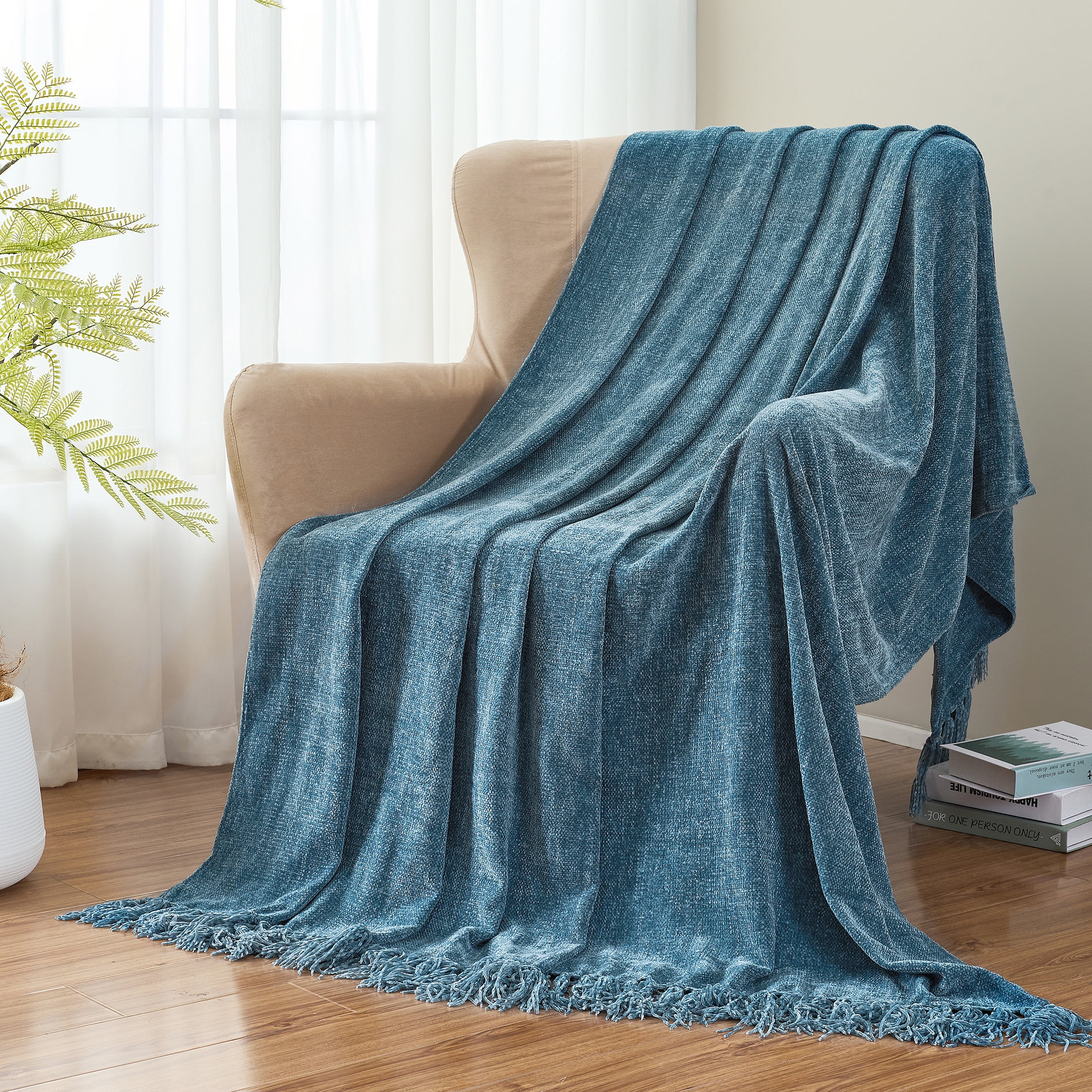 LONG CREATE Chenille Throw Blanket with Fringe Tassel for Couch Sofa Chair Bed, Dusty Blue 60" x 80"