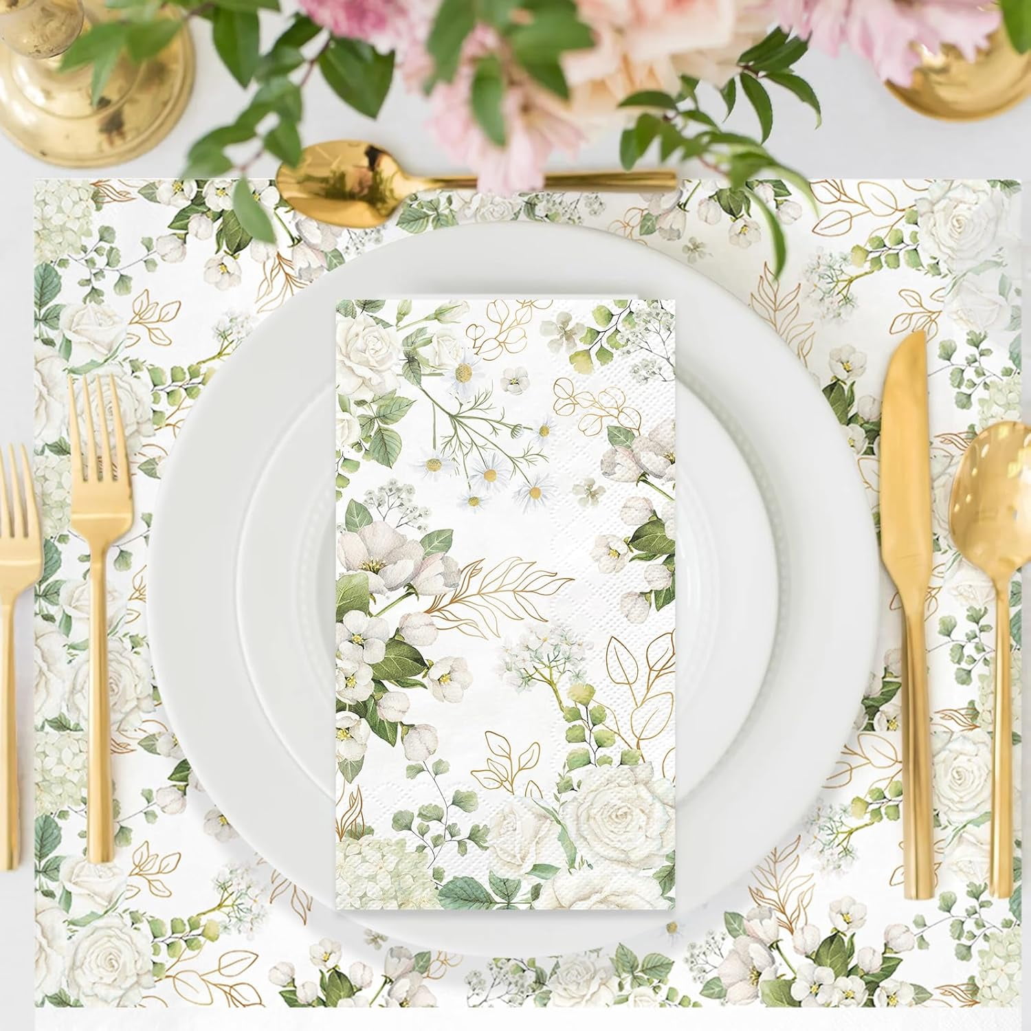 100 PCS White Floral Paper Napkins 3 Ply Disposable Hand Towels for Bathroom Spring Flowers Guest Napkins Greenery Floral Dinner Napkin Decor for Wedding Bridal Baby Shower Birthday Tea Party