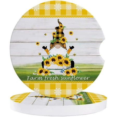 

KXMDXA Farm Gnome and Sunflower Yellow Plaid Wooden Grain Set of 6 Car Coaster for Drinks Absorbent Ceramic Stone Coasters Cup Mat with Cork Base for Home Kitchen Room Coffee Table Bar Decor