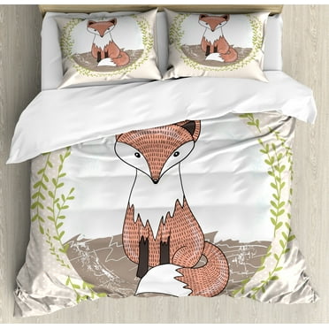 Fox Queen Size Duvet Cover Set, Young Forest Animal Illustration for Children with Green Leafy Framework and Polka Dots, Decorative 3 Piece Bedding Set with 2 Pillow Shams, Multicolor, by Ambesonne