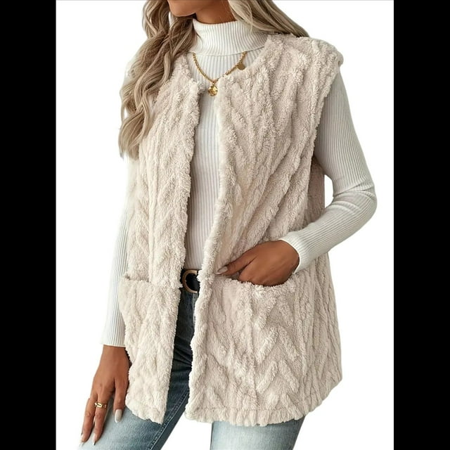 Chaleco de Peluche para Mujer, Cómodo Cárdigan Sin Mangas con Cremallera y Bolsillos Lechoso XL