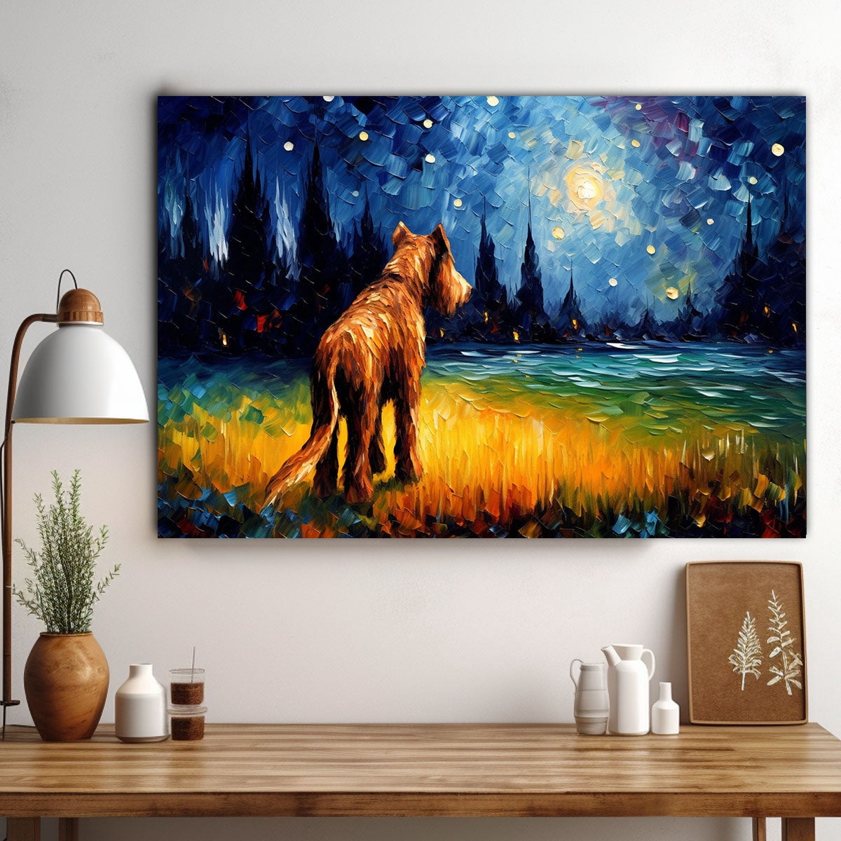 Airedale Terrier Dog Watercolor Starry Night Van Gogh Painting Kits, Painting Watercolor Canvas, Canvas Suitable for Room Decor Cafe Decor Or Gift for Friends
