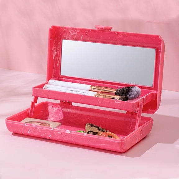 Konghyp 2-Layer Folding Makeup Organizer - Portable Cosmetic Case with Mirror, Travel Toiletry Storage Box for Brushes & Beauty Products, Compact Plastic Organizer