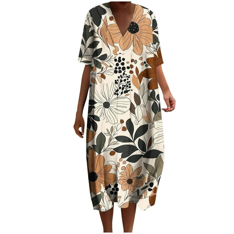 Under$5 Yteetum Khaki Long Dresses for Women Imitation Cotton Linen Dress  Summer Loose Fitting Skirt Female Comfortable Short Sleeve V-neck Print  Dresses S - Walmart.com