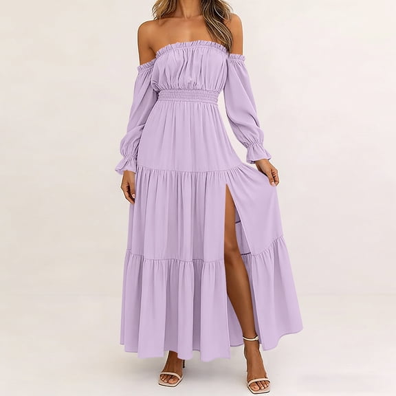 Ovbmpzd Summer Dresses for Women With Long Sleeves Wedding Guest Maxi Off The Shoulder Dresses Purple Elegant Casual formal Dresses,S