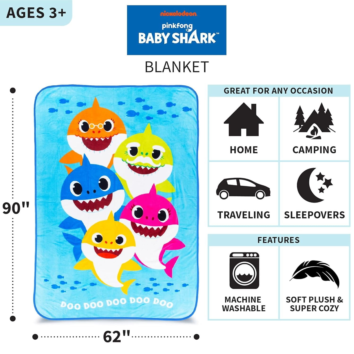 Franco Kids Bedding Baby Shark Micro Raschel Blanket, 62 in x 90 in