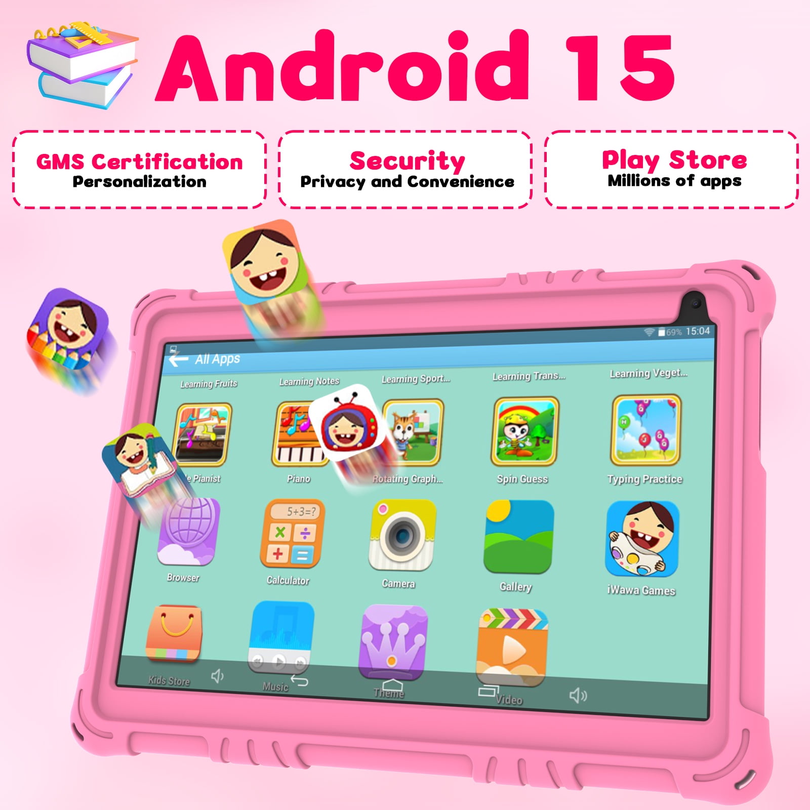 Android 15 Kids Tablet, 10 inch Tablet for Kids, 8GB RAM 32GB ROM 1TB Expand, Toddler Tablet with Parental Control, IPS Screen, Dual Camera, Educational, Games, Shockproof Case for Girls, Pink