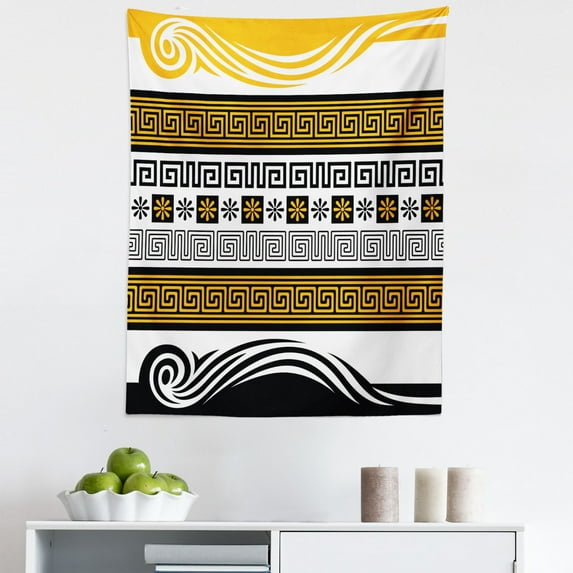 Greek Key Tapestry, NeoClassical Borders Composition Meander Pattern and Flowers Waves, Fabric Wall Hanging Decor for Bedroom Living Room Dorm, 5 Sizes, Marigold Black White, by Ambesonne