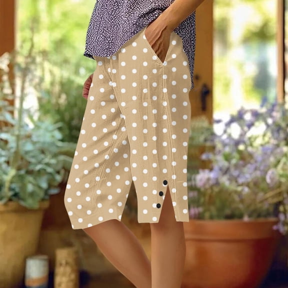 Cutuoiiu Women's Casual Polka Dot Capri Pants, Elastic Waist Loose Straight Leg Pants with Pockets, Side Slit Button Cotton Five Quarter Pants for Travel and Everyday Wear