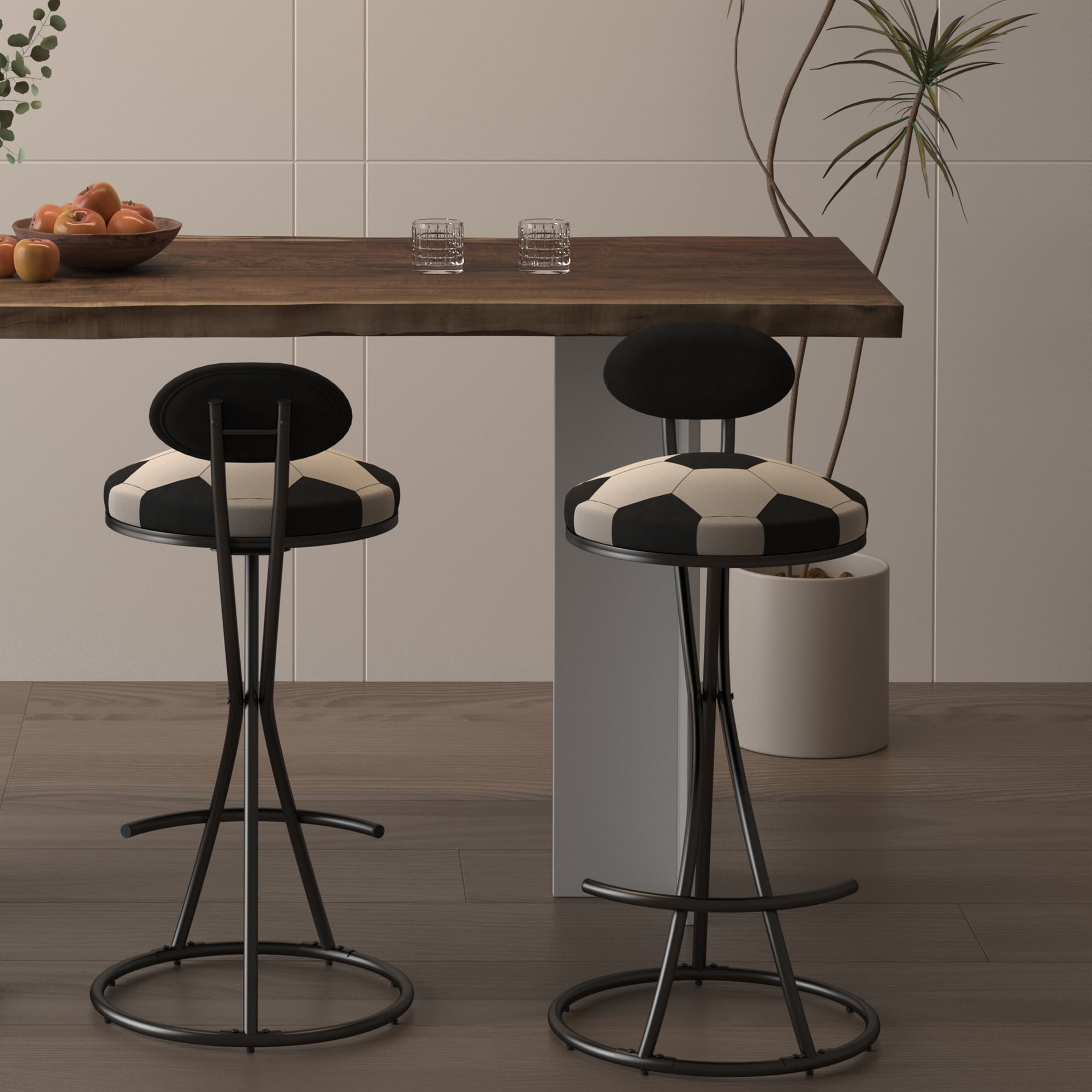 S Shaped Football Print Bar Stools Set of 2 Velvet Upholstered Seat with Metal Frame Themed Counter Stools for Game Room Kitchen
