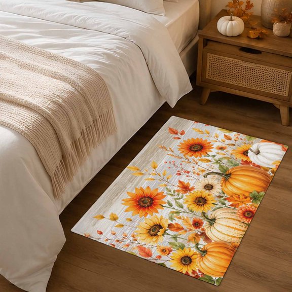 2x3ft Rectangle Rug,Rustic Pumpkin Sunflower Leaves Washable Area Rugs Non-Slip Accent Rug Thanksgiving Fall Plant Wood Soft Circle Carpet for Living Room Bedroom Home Office Decor
