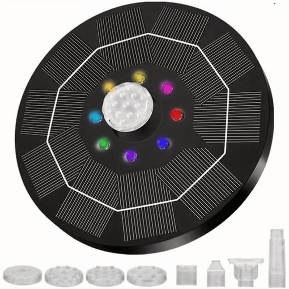 Bird Bath Pump with Light 3W Solar Fountain with 7 Nozzles Solar Fountain Pump for Bird Bath, Garden, Pond, Pool, Outdoor (Black (with Light))