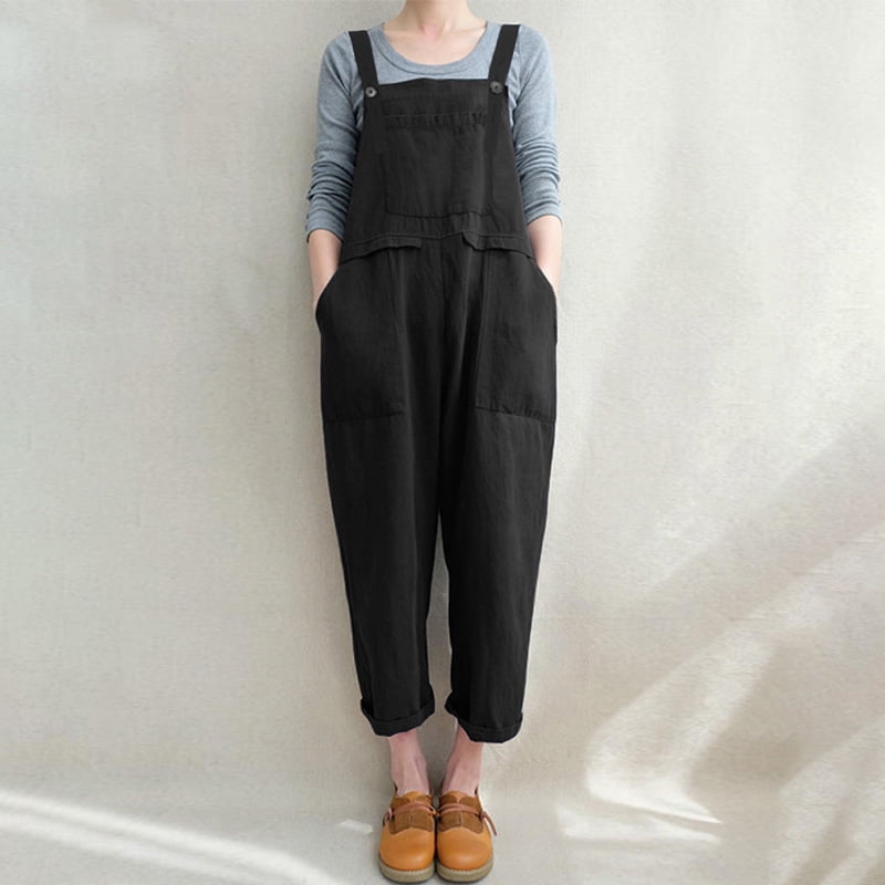 cotton and linen casual style suspender pocket jumpsuit