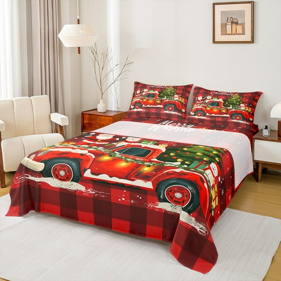 Manfei Cartoon Xmas Truck Twin Sheet Sets 3 Pieces, Santa Claus Tree Snowman Twin Fitted Sheet, Red Black Plaid Chekcered Flat Sheet, Breathable Home Decor