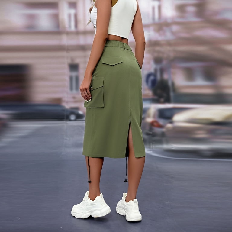 Lovskoo Womens Denim Cargo Skirt Y2K Drawstring High Waist Long