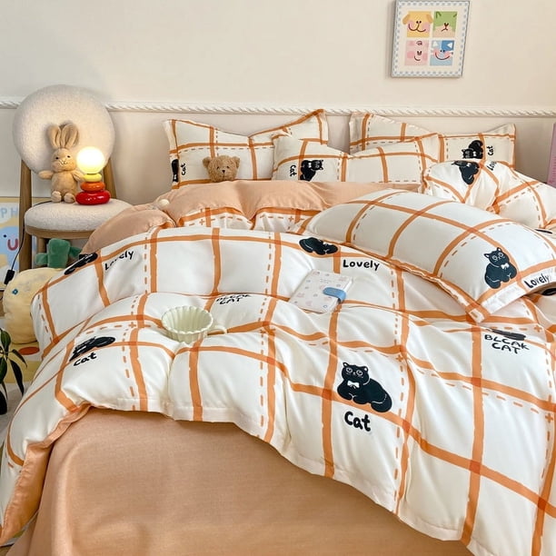 Melocotón Azul Rayas Negro Gato Juegos de cama de poliéster