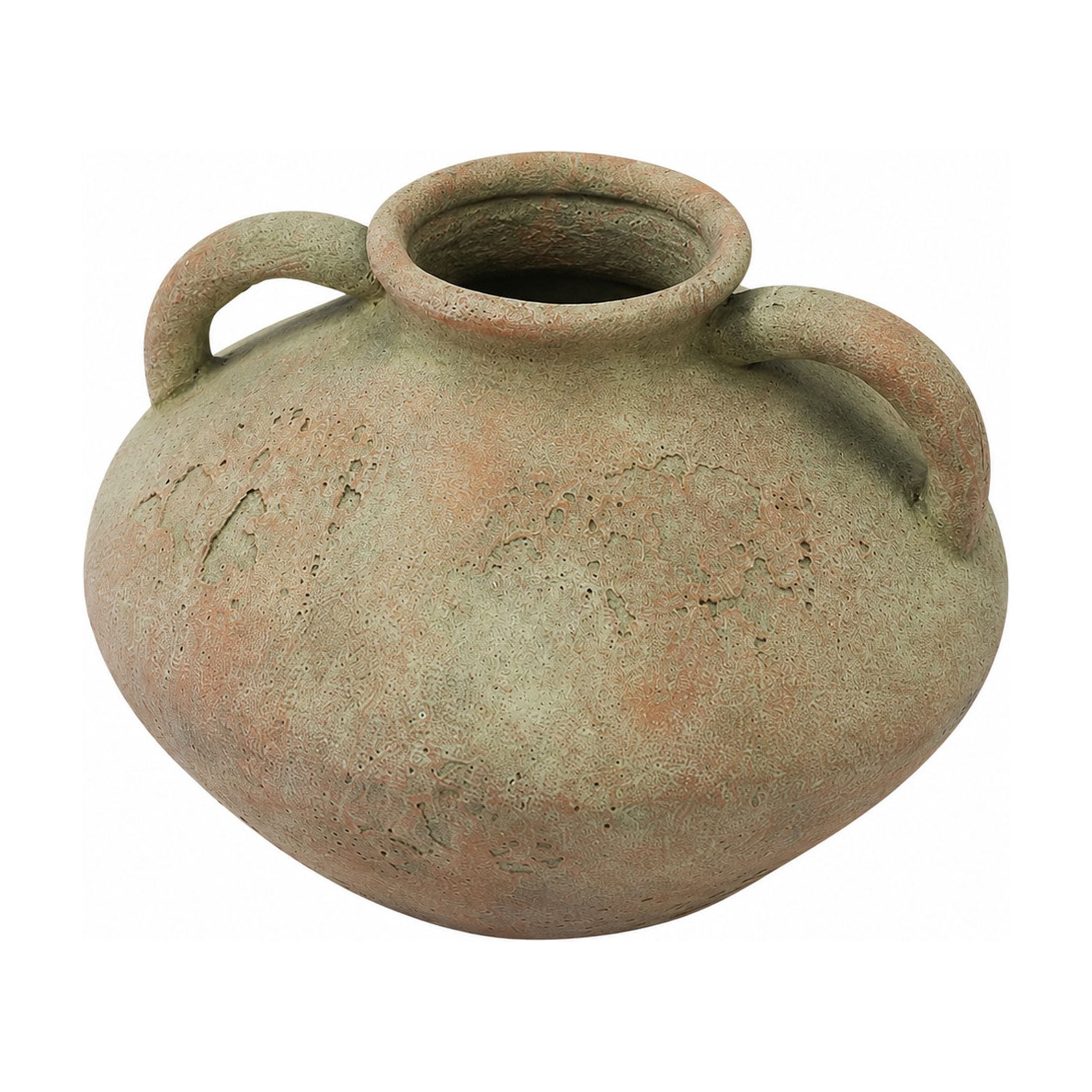 DecMode 7" Antique Style Textured Beige Ceramic Vase with Handles