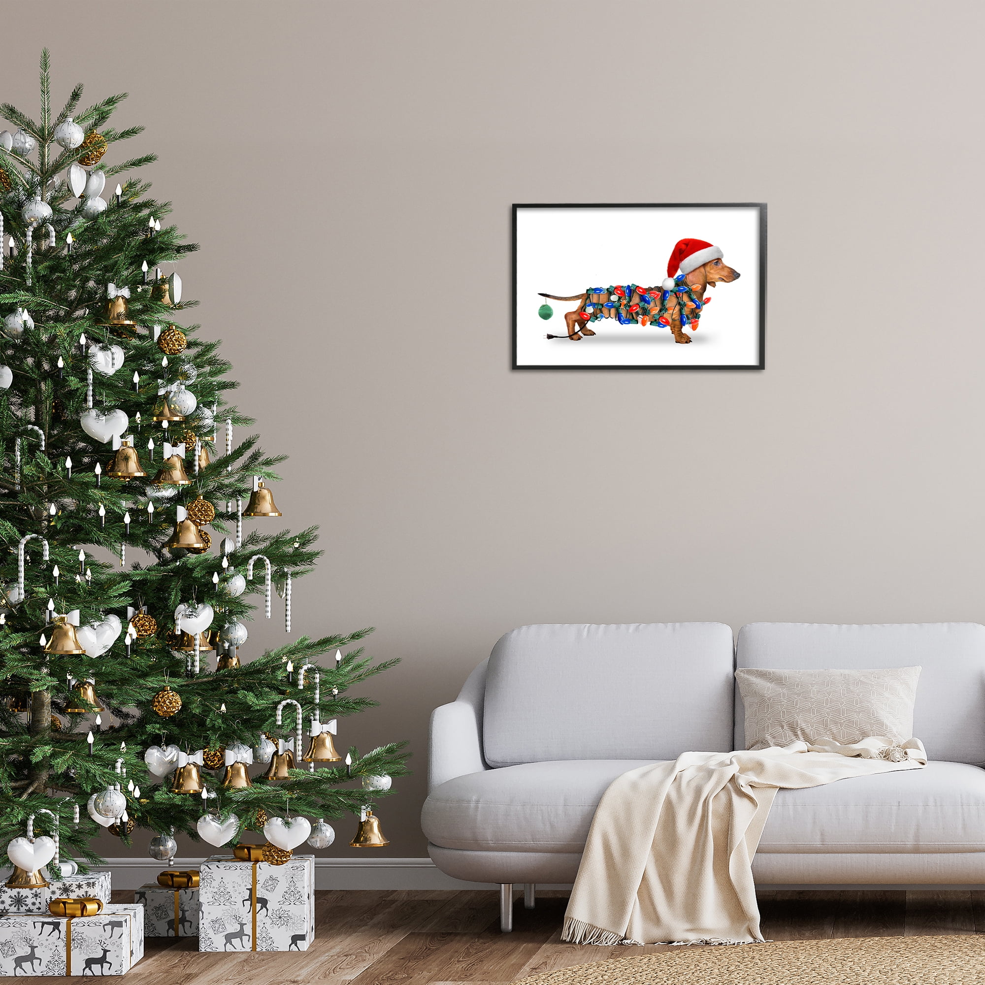 Stupell Industries Christmas Lights Wrapped Dog Holiday Painting Black Framed Art Prints Wall Art, 24 x 16