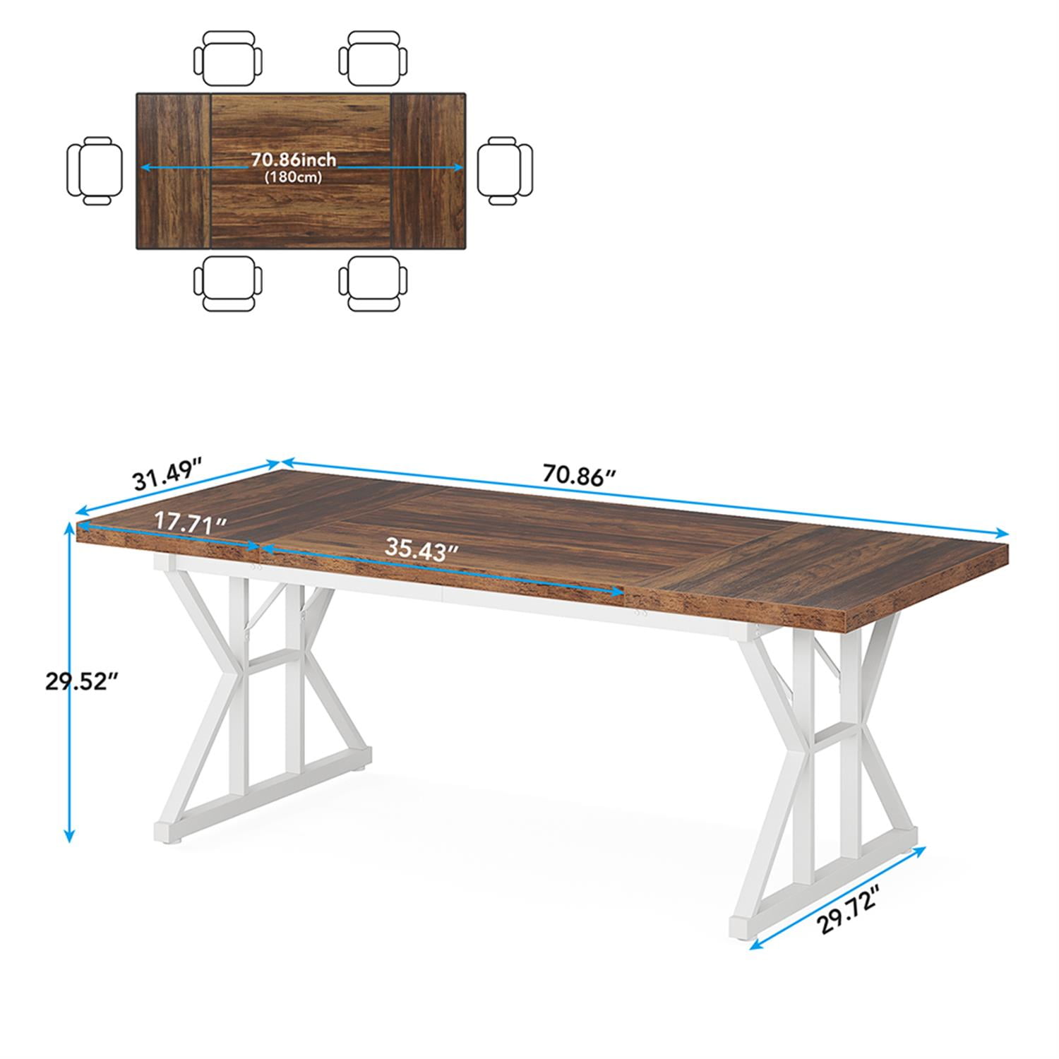 Demi Bonn 71" Farmhouse Dining Table, Wood Rustic Kitchen Table for 6 People, Large Rectangular Dinner Table for Dining Room, Home Office, Living Room Furniture, Brown & White