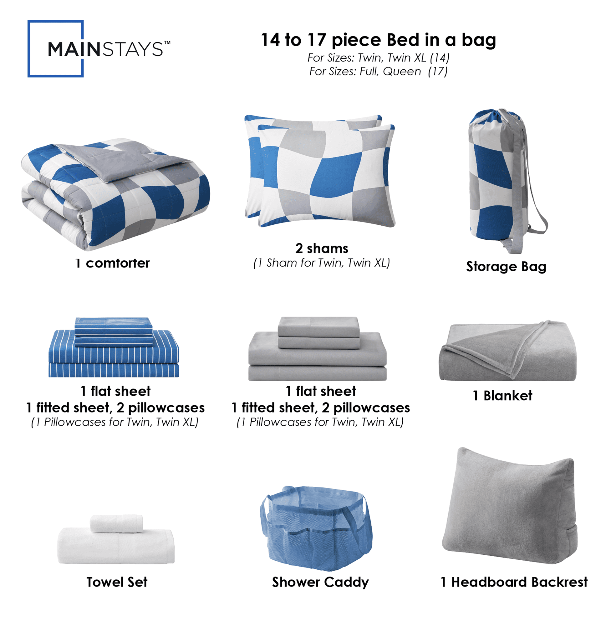 14pc College Dorm Essentials Bundle, Twin-XL, Reversible Bed in a Bag Comforter Set, Navy Checker