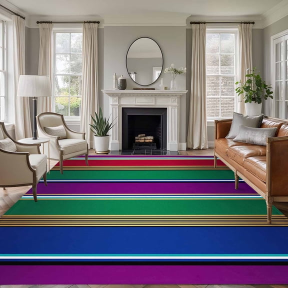 Mexican Style Area Rugs 5'x7', Small Throw Rugs for Laundry Room Playroom, Colorful Mexico Stripes Purple Yellow Green Indoor Outdoor Rug Non-Slip Low Pile Carpet Runner Reversible Floor Mats