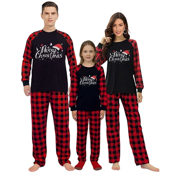 iHapHap Matching Family Christmas Pajamas Red Plaid Santa Hat Sleepwear Set, 2-3T-Kid
