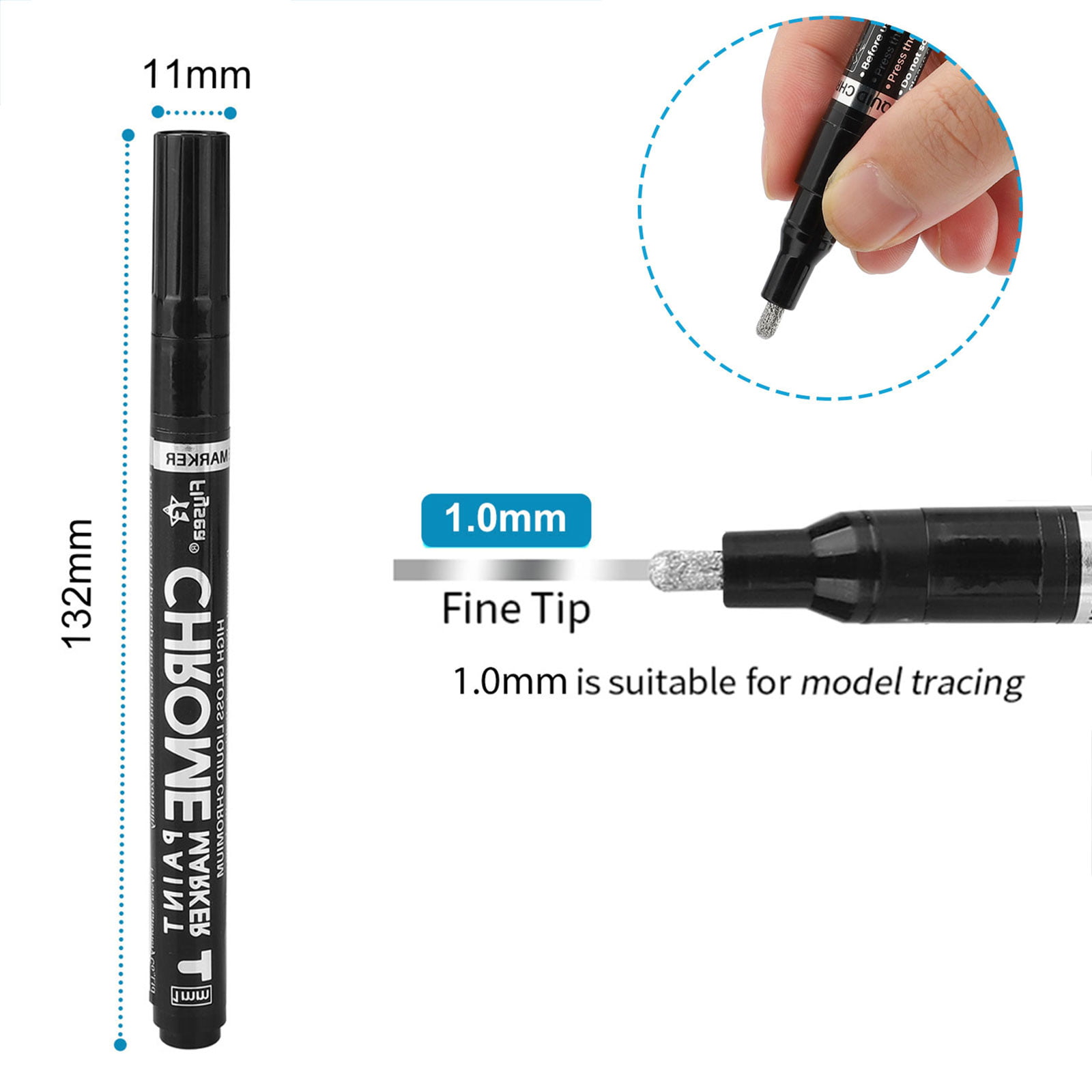 Liquid Chrome Pump Marker, TSV Silver Alcohol Mirror Reflective Paint Pen, for DIY Arts Refill Model Graffiti (1mm/3mm), Size: 1 mm, Black