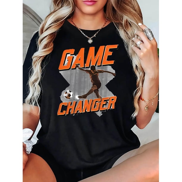 Camisetas con estampado para mujer, camisetas de manga corta de verano 2025, blusas casuales con cuello redondo para adolescentesWomen's Game Changer Soccer Graphic Tee - Stylish Black Short Sleeve