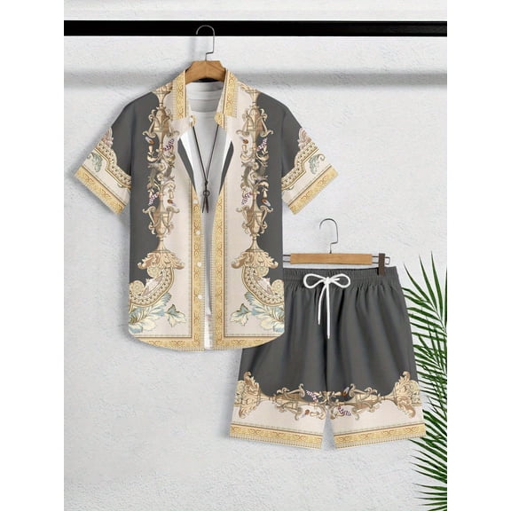 Men's 2 Pieces Set Palace Embossed Element Print Outfits Short Sleeve Button Down Shirt and Drawstring Shorts Set Men's Vacation Outfits