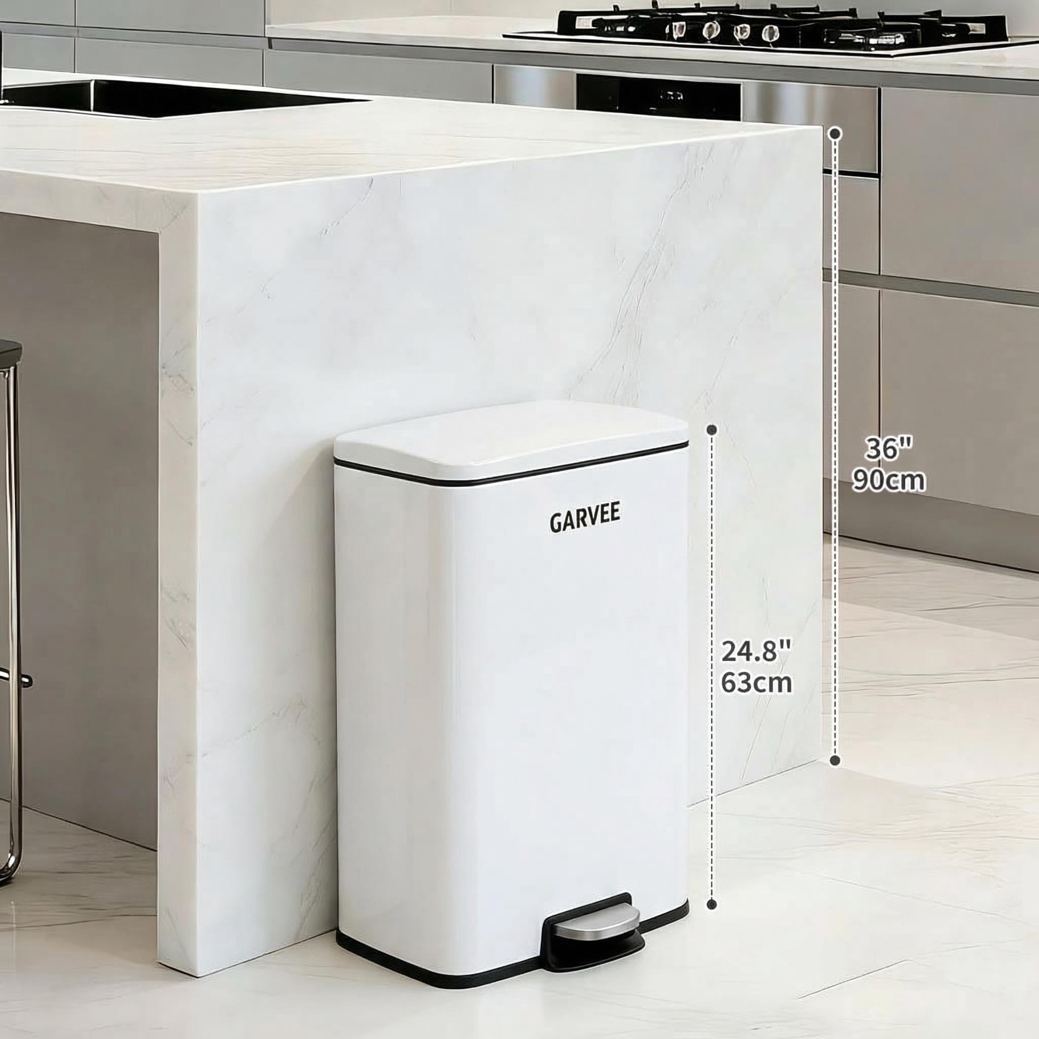 Garvee Kitchen Trash Can, 13 Gal / 50 L Stainless Steel Large Garbage Can with Quiet Soft-Close Lid, Step-on Kitchen Metal Trash Bin with Removable Inner Bucket for Living Room Office Garage,White