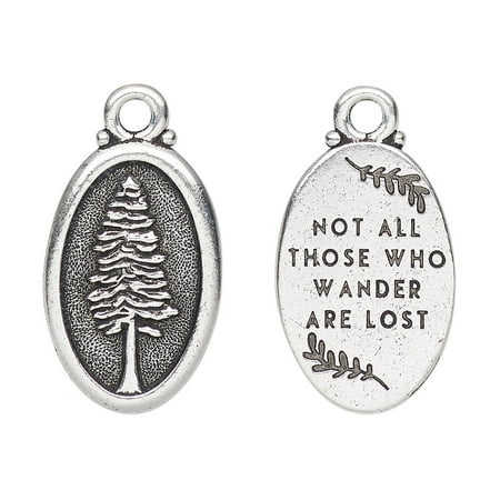 

Charm TierraCast antique silver-plated pewter (tin-based alloy) 26x16mm 2-sided oval with redwood and Not all those who wander are lost. Sold individually.
