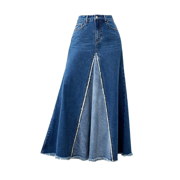 Jane Wardrobe Two Tone Raw Fray Split Front Denim Maxi Skirt Women High Waist Contrast Patchwork Flared Long Skirt 1PC XS-L