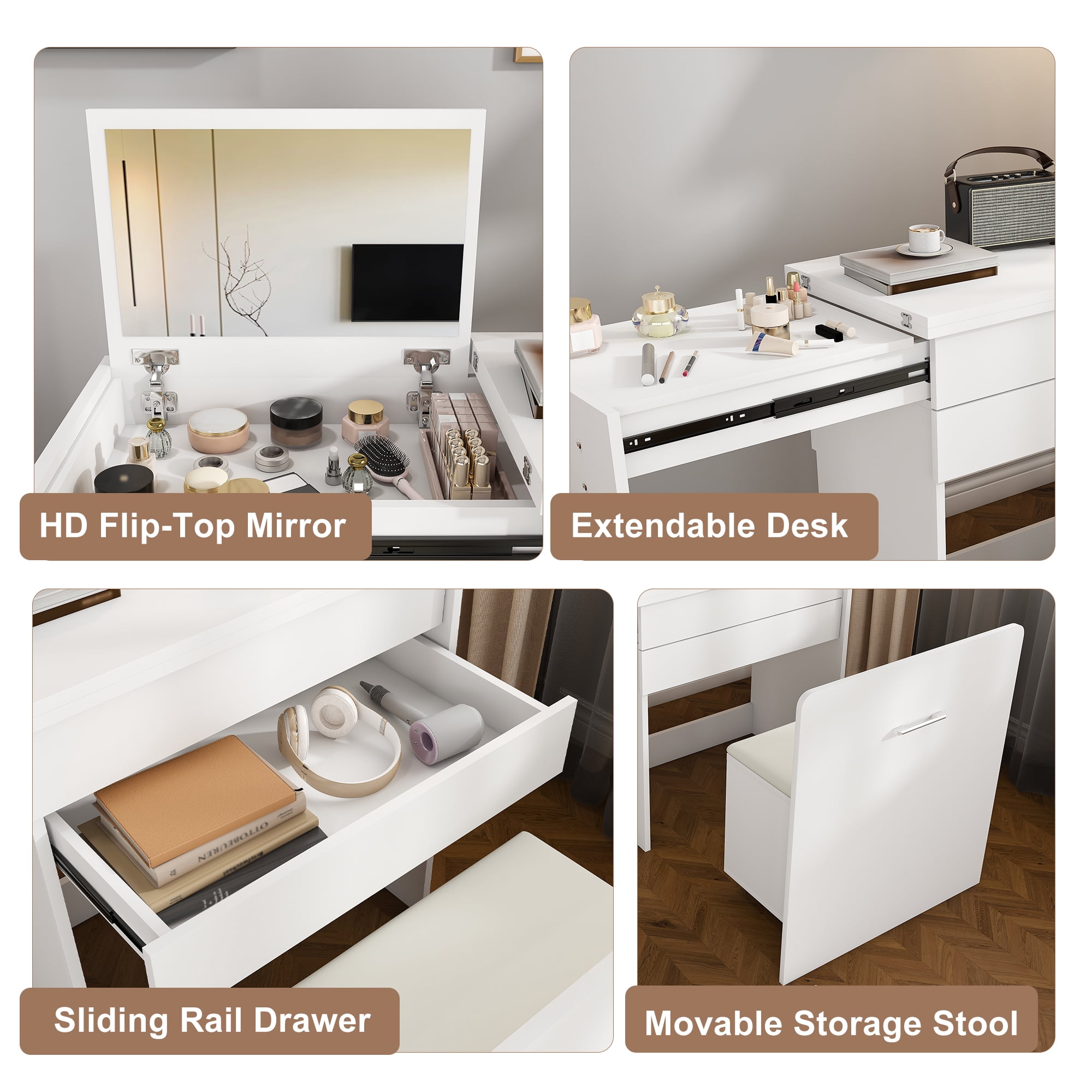Mintazer 3‑in‑1 Expandable Folding Desk with Flip‑Top HD Mirror & Storage, Multi‑Mode Vanity Table with Hidden Storage Stool & Lockable Wheels for Small Space, White