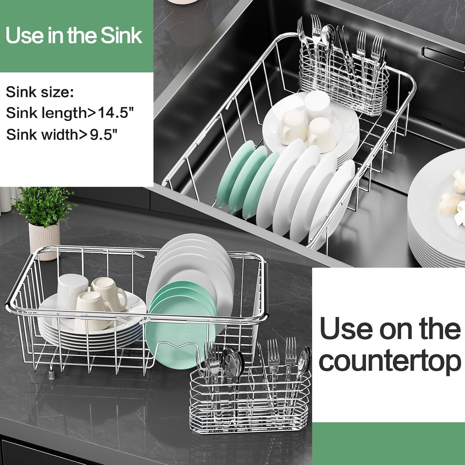 Small Dish Drainer Rack in Sink Adjustable, Expandable Stainless Steel Metal Dish Drying Rack Organizer with Stainless Steel Utensil Holder Over Inside Sink Counter, Rustproof(for 1-2 People)