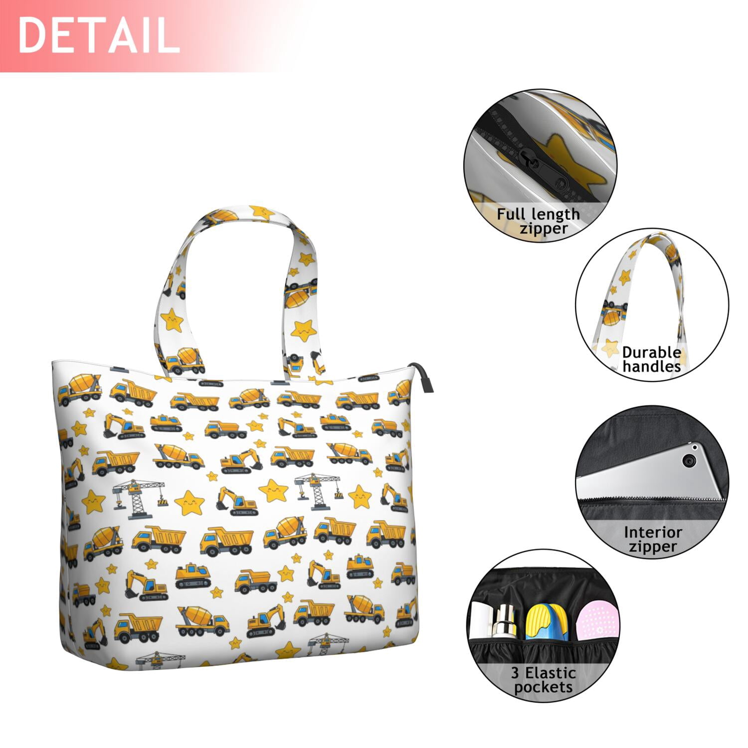 Cartoon Construction Vehicles Stars White Pattern Travel Tote Bags for Women Carry On,Large Weekender Bags for Women Travel,Multi Functional Duffle Bag for Work,Shopping,Sports