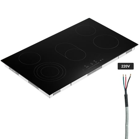 KFFKFF 36-inch Built-in Electric Cooktop with 5 Burners, 8600W Ceramic Radiant Surface, Glass Panel, Touch Controls, Timer, Child Safety Lock, 9 Adjustable Heat Levels, 220-240V Hardwired Connection