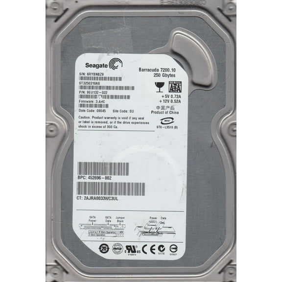 ST3250310AS, 6RY, SU, PN 9EU132-022, FW 3.AHC, Seagate 250GB SATA 3.5 Hard Drive