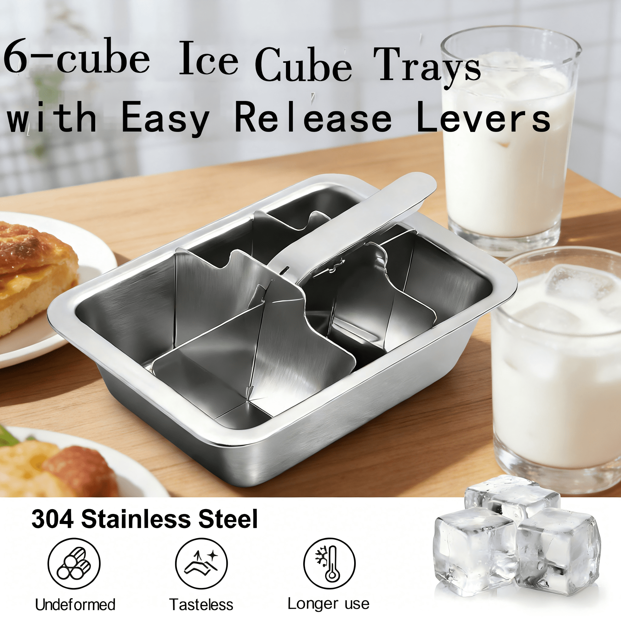 Stainless Steel Ice Cube Tray, 6 Large Cube Mold with Lever Release, Dishwasher Safe Ice Maker for Kitchen Bar Home Party