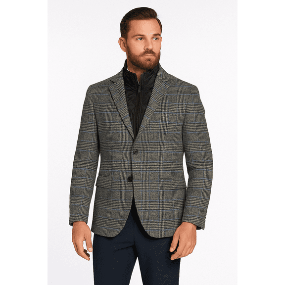 Men’s Grey & Blue Glen Check Wool Blazer with Quilted Inner Layer – Alberto Nardoni Collection-Ultra slim fit