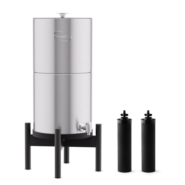 iSpring DGF2-B Sistema de Filtro de Agua de Encimera de Acero Inoxidable Alimentado por Gravedad con Base de Madera Natural, Reducción de Cloro, Portatil, Negro