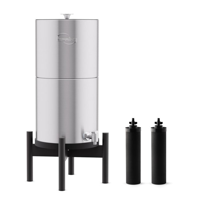 iSpring DGF2-B Sistema de Filtro de Agua de Encimera de Acero Inoxidable Alimentado por Gravedad con Base de Madera Natural, Reducción de Cloro, Portatil, Negro