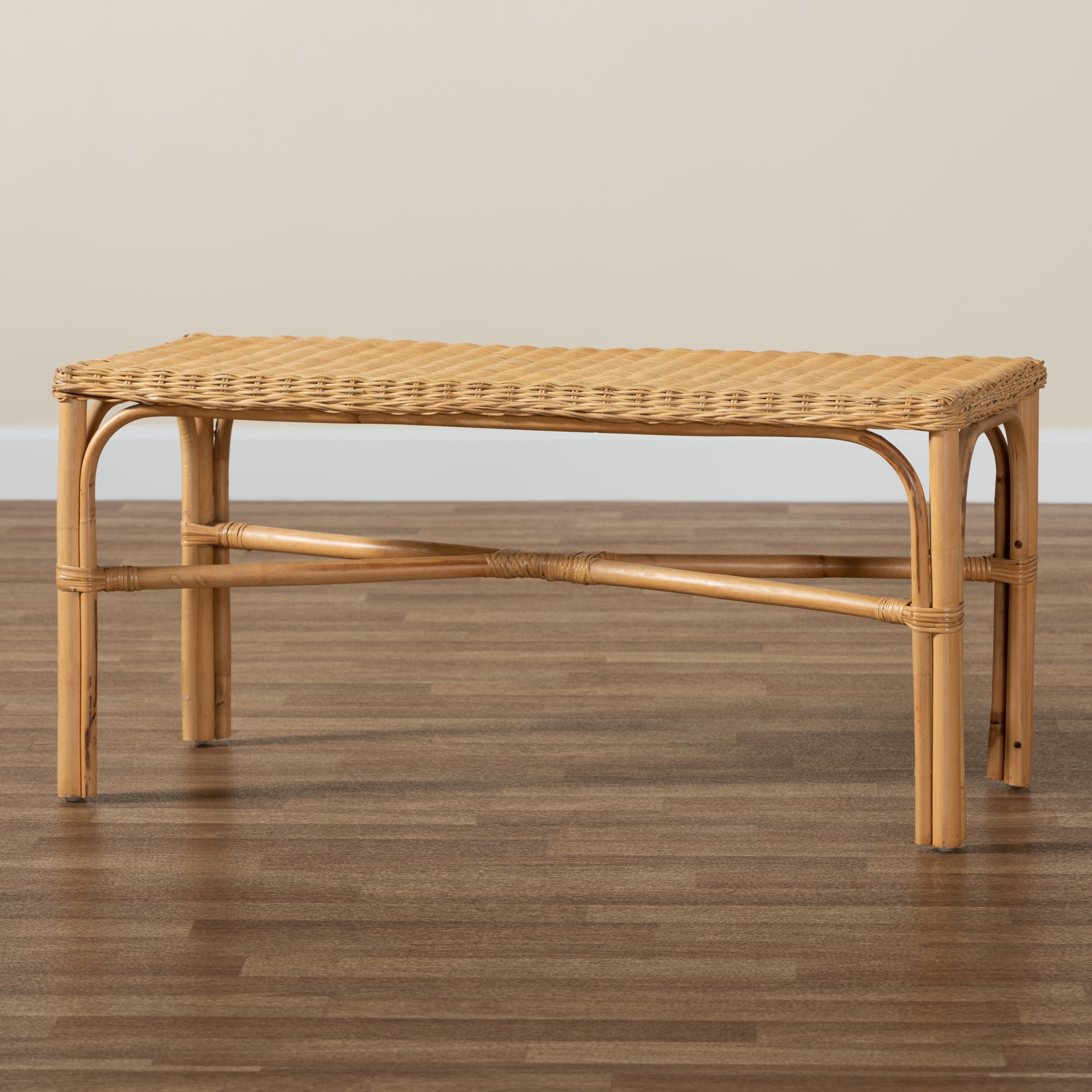 bali & pari Cacaban Natural Rattan Bohemian Accent Bench with Crisscross Base, Natural Brown